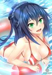  1girl absurdres bikini black_hair breasts cleavage female green_eyes highres innertube large_breasts long_hair looking_at_viewer nez-kun open_mouth original ponytail smile solo striped striped_bikini swimsuit water 