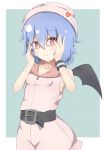  1girl adjusting_glasses alternate_costume bare_arms bat_wings beanie belt bespectacled blue_hair commentary fang fang_out glasses hair_ornament hat heart heart_hair_ornament hooded_dress looking_at_viewer mknongr red_eyes remilia_scarlet semi-rimless_glasses short_hair sleeveless sleeveless_hoodie smile solo touhou wings 