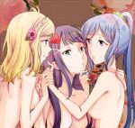  3girls artist_request black_hair blonde_hair blue_hair flower green_eyes hair_flower hair_ornament hand_on_another&#039;s_chin hand_on_another&#039;s_shoulder hime_cut holding_hands interlocked_fingers kurosawa_dia long_hair love_live! love_live!_sunshine!! matsuura_kanan mole mole_under_mouth multiple_girls nude ohara_mari ponytail violet_eyes yellow_eyes yuri 