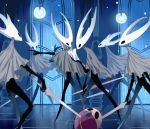  6+others arizuka_(catacombe) bug cloak commentary_request grey_cloak highres holding holding_paper holding_sword holding_weapon hollow_knight horns insect lamp looking_at_another multiple_others paper rain sword weapon white_helmet window 