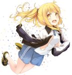  1girl :d beifeng_han blonde_hair cyou_shigen jacket long_hair looking_at_viewer open_mouth original shoes shorts smile solo tennis_shoes track_jacket yellow_eyes 