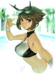  1girl alternate_costume artist_name azusa_(hws) bare_arms bare_shoulders blurry_background breasts brown_hair commentary_request eyebrows eyebrows_visible_through_hair from_side gloves green_eyes headgear kantai_collection large_breasts looking_at_viewer midriff mutsu_(kantai_collection) navel open_mouth short_hair solo sports_bra sunglasses v white_gloves wristband 