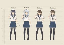  4girls absurdres akatsuki_(kantai_collection) arm_up bangs black_legwear black_shoes blouse blue_eyes blue_hair blush brown_eyes brown_hair character_name closed_mouth commentary_request expressionless fang folded_ponytail full_body gloves hair_ornament hairclip hand_on_hip hat height_chart hibiki_(kantai_collection) highres ikazuchi_(kantai_collection) inazuma_(kantai_collection) kantai_collection key_kun long_hair looking_at_viewer multiple_girls neckerchief open_mouth pleated_skirt purple_hair salute school_uniform serafuku shoes short_hair short_sleeves sidelocks skirt smile standing thigh-highs violet_eyes white_blouse white_gloves zettai_ryouiki 