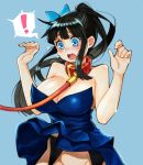  ! 1girl adultonly black_hair blue_background blue_dress blue_eyes blush breasts cleavage collar dress dungeon_and_fighter flower garter_belt groin hair_flower hair_ornament large_breasts leash long_hair looking_down open_mouth out-of-frame_censoring ponytail sidelocks solo spoken_exclamation_mark strapless strapless_dress surprised wind wind_lift 