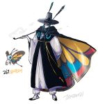  1boy arm_behind_back artist_name beautifly black_hair cape character_name hat korean_clothes pale_skin personification pipe pokemon pokemon_(creature) see-through simple_background smoke tamtamdi white_background 