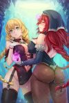  2girls ass bare_shoulders black_legwear blonde_hair braid breasts empty_eyes garter_straps green_eyes grin heart heart-shaped_pupils helena_k_sink highres large_breasts long_hair looking_back mother_demon multiple_girls navel_cutout pantyhose rebe11 redhead smile sword_girls symbol-shaped_pupils thigh-highs twin_braids yellow_eyes 