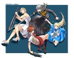  4boys apron ascot bangs bare_shoulders blonde_hair blue_background blue_eyes braid brown_eyes brown_hair chair checkered copyright_name crossdressinging dress folding_chair full_body grey_hair hairband hanamura_yousuke high_heels highres holding holding_sword holding_weapon katana kuma_(persona_4) kunai long_skirt male_focus marilyn_monroe_(cosplay) multiple_boys narukami_yuu obo persona persona_4 pleated_skirt scar school_uniform side_ponytail simple_background skirt swept_bangs sword tatsumi_kanji twin_braids weapon 