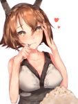  +_+ 1girl absurdres alternate_eye_color bangs breasts brown_hair chromatic_aberration collarbone eating eyebrows food food_request foodgasm hair_between_eyes hand_on_own_head headgear heart highres hplay kantai_collection looking_at_viewer medium_breasts mutsu_(kantai_collection) short_hair simple_background sleeveless solo upper_body wavy_mouth white_background yellow_eyes 