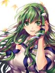  1girl autumn_leaves bare_shoulders blush breasts detached_sleeves frog_hair_ornament green_eyes green_hair hair_ornament hair_tubes hair_tucking japanese_clothes kochiya_sanae large_breasts long_hair looking_at_viewer miko parted_lips sidelocks smile snake_hair_ornament solo touhou upper_body wide_sleeves yuli_(yulipo) 
