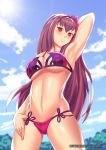 1girl arm_behind_head bikini breasts cleavage fate/grand_order fate_(series) flower hair_flower hair_ornament haryudanto large_breasts long_hair looking_at_viewer midriff purple_hair red_eyes scathach_(fate/grand_order) smile solo swimsuit watermark web_address 