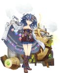  alchemy blue_eyes blue_hair blue_skirt boots electricity flask full_body glasses hair_ornament hairclip labcoat looking_at_viewer machinery nanaroku_(fortress76) official_art potion pouch sennen_sensou_aigis skirt smoke standing steam vial 