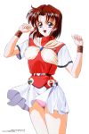  1994 1girl 90s blue_eyes copyright_name cowboy_shot dated highres lilith_(megami_paradise) megami_paradise official_art open_mouth orb panties pink_panties redhead short_hair short_sleeves simple_background skirt solo underwear upper_teeth upskirt w_arms white_background white_skirt wind wind_lift wristband yoshizane_akihiro 