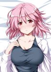  1girl alternate_costume alternate_eye_color blouse blush breasts cleavage collarbone hair_between_eyes large_breasts long_sleeves looking_at_viewer lying nori_tamago on_back open_clothes open_shirt pink_hair red_eyes saigyouji_yuyuko shirt short_hair solo touhou upper_body white_blouse 