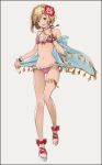  1girl :d bare_shoulders bikini black_border blonde_hair blush border braid breasts brown_eyes chabo_(pixiv14957670) cleavage collarbone djeeta_(granblue_fantasy) flower french_braid frilled_bikini frills front-tie_top full_body granblue_fantasy groin hair_flower hair_ornament halterneck hibiscus navel open_mouth pink_bikini sandals see-through short_hair small_breasts smile solo standing swimsuit thigh_strap wristband 