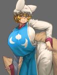  1girl blonde_hair blush breasts brown_eyes chanta_(ayatakaoisii) dress fox_tail grey_background hand_on_hip hat highres huge_breasts long_sleeves multiple_tails nose_blush pillow_hat short_hair side_glance simple_background solo tabard tail thighs touhou white_dress wide_hips wide_sleeves yakumo_ran 