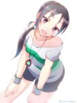  1girl black_hair brown_eyes character_request collarbone hair_ornament idolmaster leaning_forward long_hair ookami_maito open_mouth shorts solo 