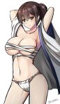  1girl armpits arms_behind_head arms_up artist_name bare_shoulders blush breasts brown_eyes brown_hair cleavage collarbone cowboy_shot fundoshi highres japanese_clothes kaga_(kantai_collection) kantai_collection large_breasts looking_at_viewer midriff navel open_clothes panties rokushaku_fundoshi sarashi side_ponytail skindentation smile solo stomach the-sinner under_boob underwear white_background white_panties 