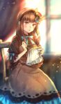  1girl brown_dress brown_eyes brown_hair chair character_request dress female hair_ornament hairband inside long_hair moe_(hamhamham) needle personification pokemon solo stitching window 