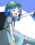  1girl :d backpack bag blue_boots blue_hair blush blush_stickers boots closed_eyes cucumber dress dress_shirt food hair_bobbles hair_ornament hat kameyan kawashiro_nitori key open_mouth pocket puffy_sleeves rubber_boots shirt short_hair short_sleeves sitting skirt skirt_set smile solo touhou two_side_up vegetable white_background 