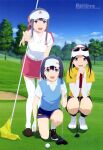  3girls :d absurdres ayaka_(sorairo_utility) bangs black_footwear black_hair black_legwear black_shorts blue_eyes blue_hair blue_shorts blue_sky clouds collared_shirt day eyewear_on_head golf_club golf_course grass haruka_(sorairo_utility) highres kneeling leaning leaning_forward looking_at_viewer medium_hair megami_magazine minami_(sorairo_utility) multiple_girls official_art open_mouth outdoors outstretched_arms polo_shirt red_skirt saitou_kengo sand scan shirt shorts sidelocks skirt sky smile socks sorairo_utility squatting standing sunglasses sweater thigh-highs tree violet_eyes visor_cap white_background white_footwear white_legwear white_shirt yellow_shirt zettai_ryouiki 