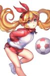  1girl angshung ball bandaged_leg blue_eyes bow bunny_hair_ornament hair_bow hair_ornament hands_in_pockets highres jacket lina_(soccer_spirits) navel official_art red_bow red_shorts shirt shoes shorts sneakers soccer_ball soccer_spirits socks solo standing standing_on_one_leg track_jacket twintails white_legwear white_shoes 