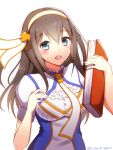  1girl blue_eyes book brown_hair character_request hairband holding idolmaster idolmaster_cinderella_girls long_hair ookami_maito open_mouth simple_background solo upper_body white_background 