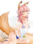  1girl animal_ears bikini blush breasts cleavage fate/extra fate/grand_order fate_(series) fox_ears fox_tail highres large_breasts looking_at_viewer ninoude_(ninoude44) pink_hair see-through solo swimsuit tail tamamo_(fate)_(all) tamamo_no_mae_(swimsuit_lancer)_(fate) tongue tongue_out yellow_eyes 