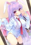  1girl animal_ears bangs bed between_breasts black_legwear blush breasts cellphone highres hym9594 large_breasts long_hair looking_at_viewer mirror necktie necktie_between_breasts no_pants phone purple_hair rabbit_ears red_eyes red_necktie reisen_udongein_inaba self_shot shirt sleeves_past_wrists smartphone smile solo thigh-highs touhou very_long_hair white_shirt 