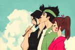  1girl 2boys beard black_hair clouds d.va_(overwatch) dango facial_hair food genji_(overwatch) hakata hanzo_(overwatch) japanese_clothes jennifer_aberin_johnson kimono multiple_boys overwatch pipe samurai_champloo smoking wagashi 