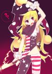  1girl ? aki_maki_yuu american_flag_legwear american_flag_shirt arm_up blonde_hair blush clownpiece cowboy_shot fire groin hat head_tilt highres jester_cap long_hair looking_at_viewer pantyhose pink_eyes polka_dot shirt short_sleeves solo spoken_question_mark standing star star_print striped tied_shirt torch touhou wrist_cuffs 