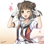  1girl ;d \m/ antenna_hair artist_name blush breasts brown_eyes brown_hair collarbone double_bun gloves highres kantai_collection looking_at_viewer naka_(kantai_collection) neckerchief one_eye_closed open_mouth puffy_short_sleeves puffy_sleeves remodel_(kantai_collection) school_uniform serafuku short_hair short_sleeves small_breasts smile solo the-sinner upper_body white_gloves 