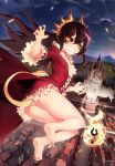  1girl ass barefoot black_hair black_sclera breasts castle dragon_girl flying highres long_hair looking_at_viewer m-da_s-tarou slit_pupils small_breasts smile tail tanaka_the_wizard yellow_eyes 