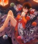  1girl black_hair brown_eyes dress hair_ornament hair_tie hands_together knees_up lantern long_hair lying moe_(hamhamham) on_back orange_dress orb partially_submerged personifcation pokemon ripples seaking solo wristband 