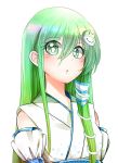  1girl :o blush detached_sleeves eyebrows eyebrows_visible_through_hair frog_hair_ornament green_eyes green_hair hair_between_eyes hair_ornament hair_tubes highres japanese_clothes kochiya_sanae long_hair rie-co sidelocks simple_background snake_hair_ornament solo sparkling_eyes touhou upper_body white_background 