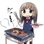  1girl bangs blouse blue_eyes blush_stickers bow bowtie brown_hair character_request commentary_request drooling grill grilling holding holding_tray kanikama long_hair long_sleeves looking_at_viewer lowres original red_bow red_bowtie school_uniform simple_background solo tongs tray vest white_background white_blouse 