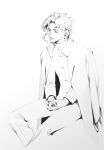  1boy closed_eyes earrings full_body gakuran greyscale hands_together highres jacket_on_shoulders jewelry jojo_no_kimyou_na_bouken kakyouin_noriaki kenny_(poe90) male_focus monochrome school_uniform solo 