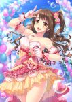  1girl bare_shoulders brown_eyes brown_hair bubble diffraction_spikes gloves hair_ornament idolmaster idolmaster_cinderella_girls idolmaster_cinderella_girls_starlight_stage long_hair looking_at_viewer microphone one_side_up open_mouth shimamura_uzuki side_ponytail smile solo v villyane white_gloves 