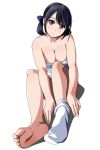  1girl bangs barefoot black_eyes black_hair blush breasts cleavage feet highres light_smile looking_at_viewer matsunaga_kouyou original pov_feet short_hair short_twintails simple_background sock_pull soles solo swept_bangs toes twintails white_background 