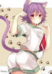  1girl :&lt; animal_ears ass bangs bent_over blush breasts cat_ears cat_tail closed_mouth cowboy_shot kantai_collection kemonomimi_mode looking_at_viewer looking_to_the_side nagisa3710 neckerchief paw_pose purple_hair red_eyes school_uniform serafuku short_hair short_sleeves shorts small_breasts solo tail tama_(kantai_collection) twitter_username 