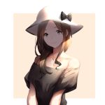  1girl bare_shoulders black_bow bow breasts brown_eyes brown_hair closed_mouth collarbone eyelashes hat hat_bow kimi_no_na_wa long_hair looking_at_viewer off-shoulder_shirt okudera_miki outside_border shade shirt short_sleeves small_breasts smile sola_(solo0730) solo upper_body white_border white_hat 