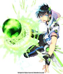  1boy ball black_gloves black_hair blue_eyes c.seryl fingerless_gloves full_body gloves looking_at_viewer male_focus mx82_vann official_art open_mouth soccer_ball soccer_spirits solo watermark 