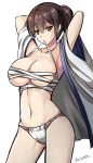  1girl armpits arms_behind_head arms_up artist_name bare_shoulders breasts brown_eyes brown_hair cleavage collarbone cowboy_shot fundoshi highres japanese_clothes kaga_(kantai_collection) kantai_collection large_breasts looking_at_viewer midriff mouth_hold navel open_clothes panties rokushaku_fundoshi sarashi side_ponytail skindentation solo stomach the-sinner under_boob underwear white_background white_panties 