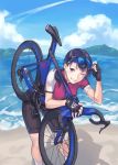  1girl beach bicycle bike_shorts fingerless_gloves gloves ground_vehicle ocean one_eye_closed original ponytail product_placement smile solo yomo_(majidon) 