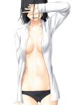  1girl ass_visible_through_thighs black_hair black_panties breasts cleavage commentary_request covered_eyes hand_up highres large_breasts long_sleeves navel niwatazumi no_bra open_clothes open_mouth open_shirt original panties shirt short_hair sketch smile solo underwear white_background 
