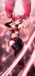  1girl alternate_costume alternate_hair_color armlet armpits arms_up bare_shoulders belt black_gloves black_legwear boots fingerless_gloves gloves goomrrat hair_ornament heart heart-shaped_pupils highres jinx_(league_of_legends) league_of_legends light_beam long_hair looking_at_viewer midriff mismatched_gloves navel short_shorts shorts smile solo symbol-shaped_pupils thigh-highs twintails white_gloves 