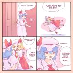  /\/\/\ 2girls ascot blonde_hair blue_hair bow comic door dress english falling flandre_scarlet glomp hat hat_bow hat_ribbon highres hug implied_futanari mob_cap multiple_girls opening_door pink_dress pink_hat pouncing puffy_short_sleeves puffy_sleeves red_dress red_eyes red_shoes remilia_scarlet ribbon shoes short_hair short_sleeves siblings side_ponytail sisters touhou white_hat wings yoruny 