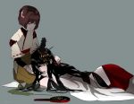  2girls black_hair bodysuit brown_eyes brown_hair commentary_request detached_sleeves fusou_(kantai_collection) grey_background hair_ornament hakama hand_mirror hand_on_another&#039;s_leg hand_on_another&#039;s_shoulder holding_hands hyuuga_(kantai_collection) japanese_clothes kantai_collection kousetsu_(nonosuke) lap_pillow long_hair lying mirror multiple_girls nontraditional_miko on_stomach red_eyes red_hakama seiza short_hair sitting sketch wide_sleeves 