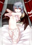  1girl bat_wings bed blue_hair breasts camisole canopy_bed curtains full_body hair_between_eyes highres indoors looking_at_viewer navel open_mouth red_eyes remilia_scarlet sakushou sketch small_breasts solo teeth touhou under_boob undressing wings 