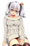  1girl bespectacled black_legwear blue_eyes blush collarbone glasses hair_ornament kantai_collection kashima_(kantai_collection) kyougoku_shin long_hair looking_at_viewer open_mouth silver_hair simple_background smile solo sweater thigh-highs twintails wavy_hair white_background 