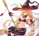  1girl adhesive_bra bare_shoulders blonde_hair bra braid breasts broom cleavage detached_collar green_eyes hair_between_eyes hair_ornament hat highres holding holding_broom limobok long_hair looking_at_viewer majo_to_hyakkihei medium_breasts metallica_(majo_to_hyakkihei) midriff navel neck_ribbon open_mouth outstretched_arms pants ribbon smirk solo stomach teeth twin_braids underwear very_long_hair witch_hat wrist_cuffs 